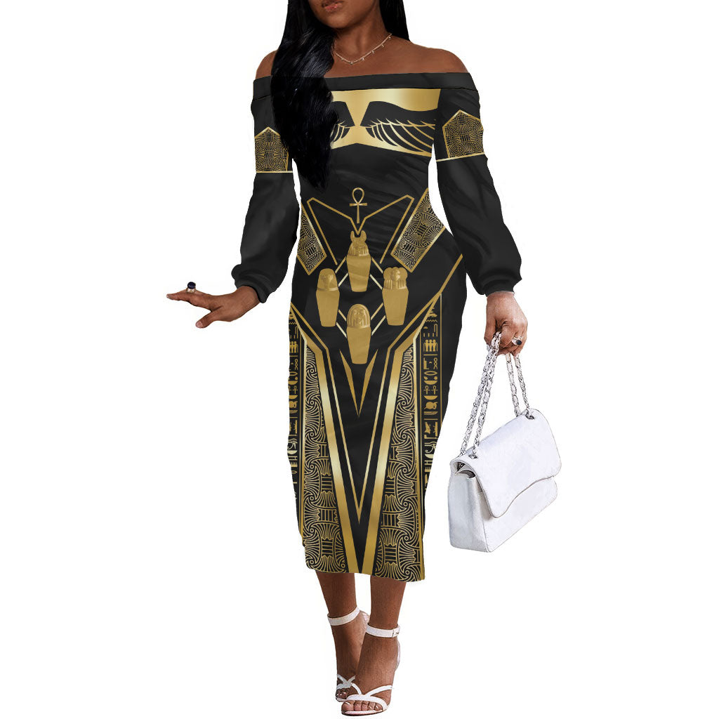 Egypt Canopic Jars Off The Shoulder Long Sleeve Dress Ancient Mythology Four Sons of Horus