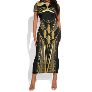 Egypt Canopic Jars Short Sleeve Bodycon Dress Ancient Mythology Four Sons of Horus