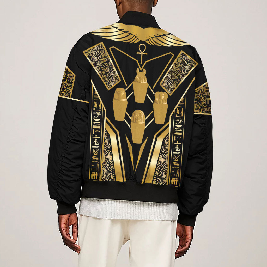 Egypt Canopic Jars Sleeve Zip Bomber Jacket Ancient Mythology Four Sons of Horus