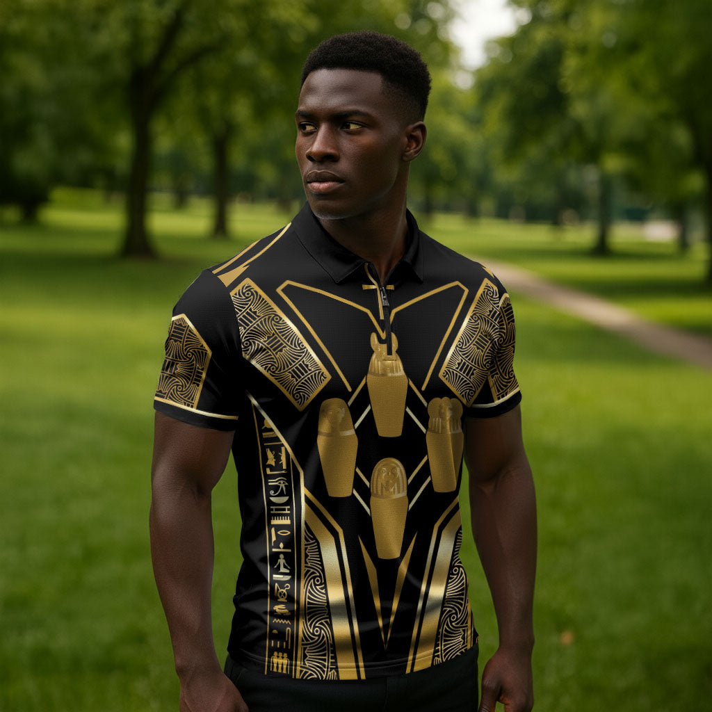 Egypt Canopic Jars Zipper Polo Shirt Ancient Mythology Four Sons of Horus