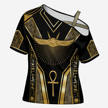 Egypt Winged Sun Cross Shoulder Shirt Ancient Mythology Golden Ankh