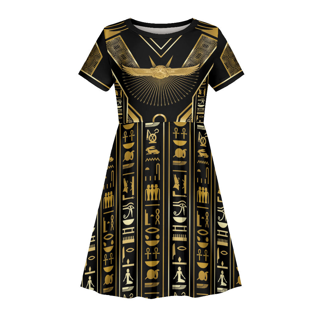Egypt Winged Sun Kid Short Sleeve Dress Ancient Mythology Golden Ankh