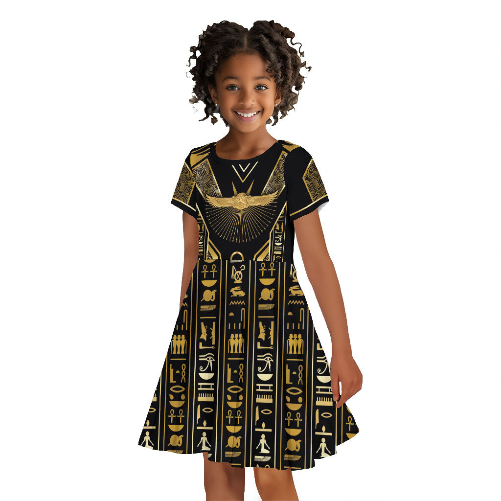 Egypt Winged Sun Kid Short Sleeve Dress Ancient Mythology Golden Ankh