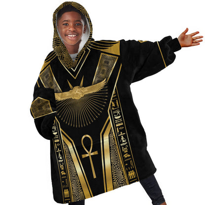 Egypt Winged Sun Kid Wearable Blanket Hoodie Ancient Mythology Golden Ankh