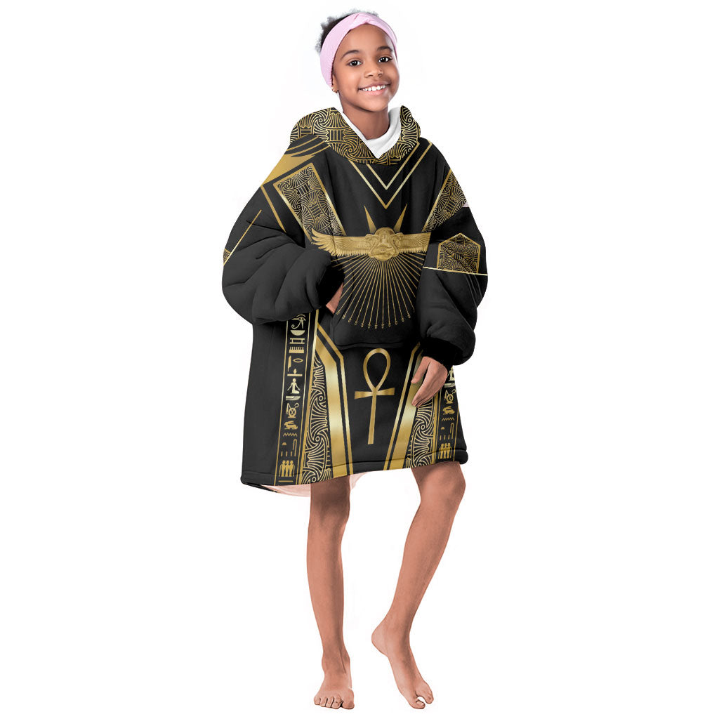 Egypt Winged Sun Kid Wearable Blanket Hoodie Ancient Mythology Golden Ankh