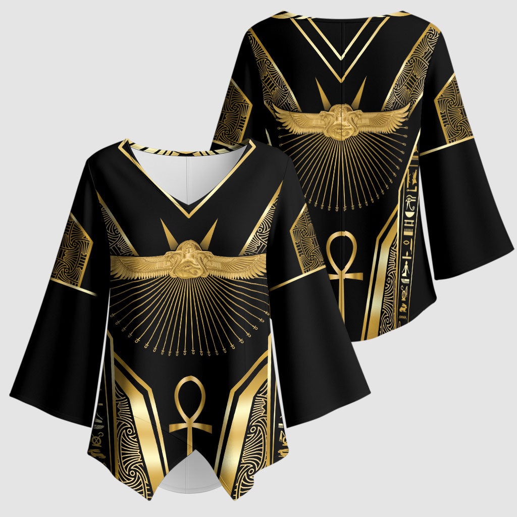 Egypt Winged Sun Kimono Sleeve Blouse Ancient Mythology Golden Ankh