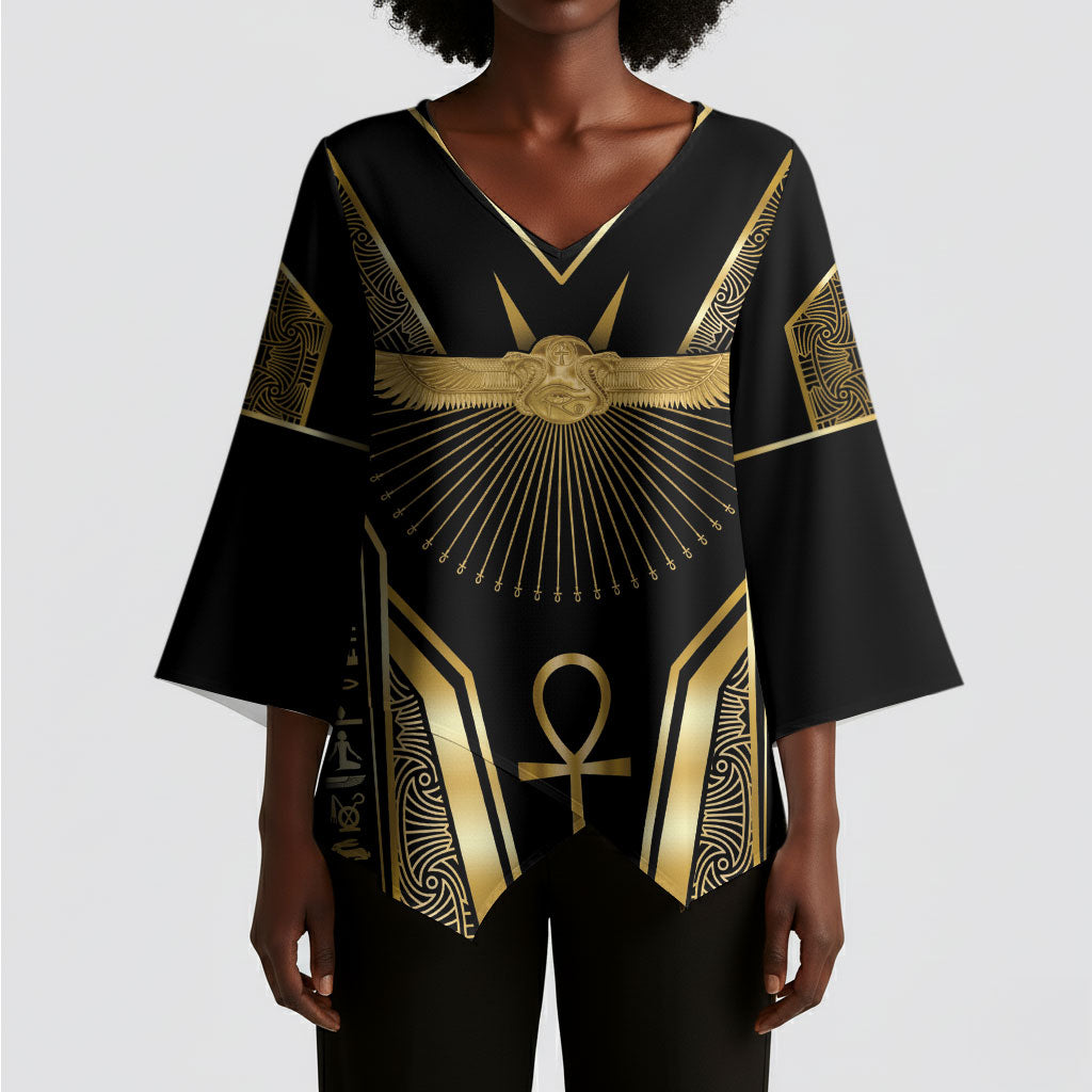 Egypt Winged Sun Kimono Sleeve Blouse Ancient Mythology Golden Ankh