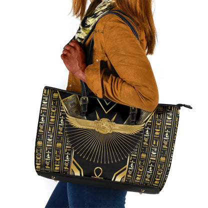 Egypt Winged Sun Leather Tote Bag Ancient Mythology Golden Ankh