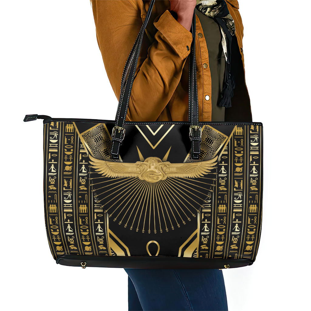 Egypt Winged Sun Leather Tote Bag Ancient Mythology Golden Ankh