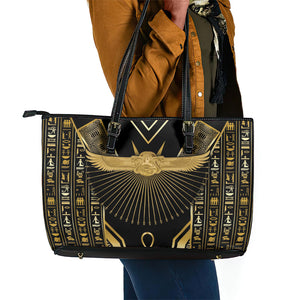 Egypt Winged Sun Leather Tote Bag Ancient Mythology Golden Ankh