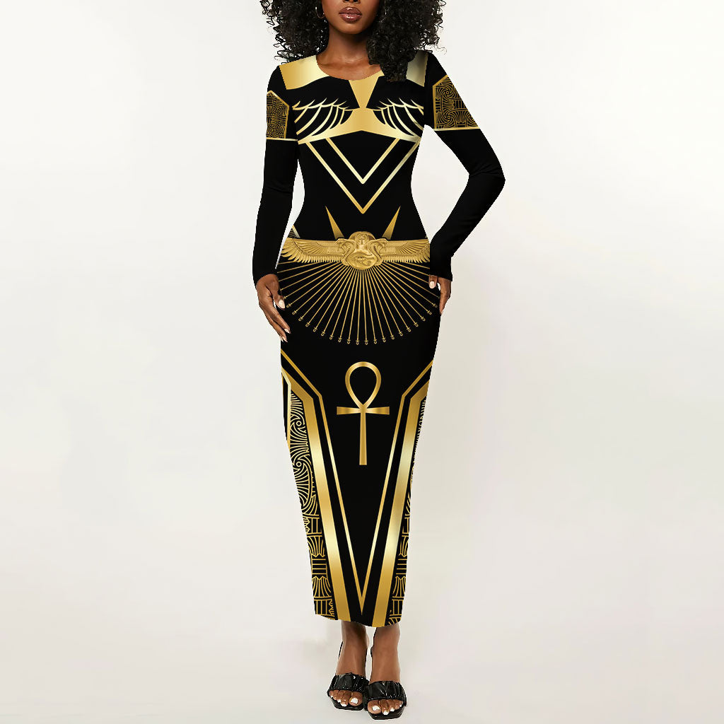 Egypt Winged Sun Long Sleeve Bodycon Dress Ancient Mythology Golden Ankh