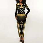 Egypt Winged Sun Long Sleeve Bodycon Dress Ancient Mythology Golden Ankh