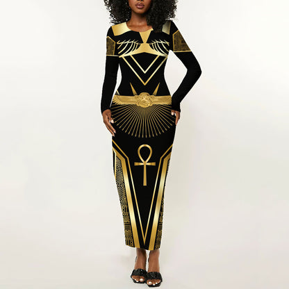 Egypt Winged Sun Long Sleeve Bodycon Dress Ancient Mythology Golden Ankh