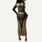Egypt Winged Sun Long Sleeve Bodycon Dress Ancient Mythology Golden Ankh