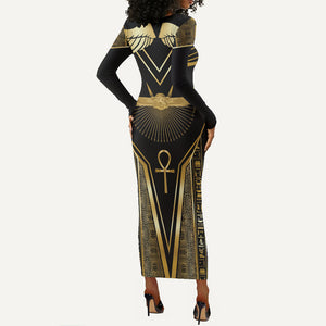 Egypt Winged Sun Long Sleeve Bodycon Dress Ancient Mythology Golden Ankh