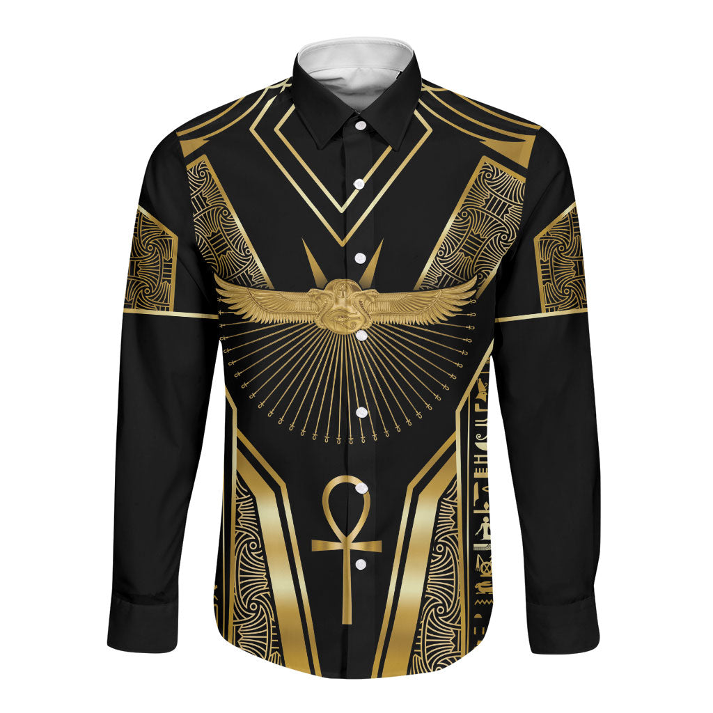 Egypt Winged Sun Long Sleeve Button Shirt Ancient Mythology Golden Ankh