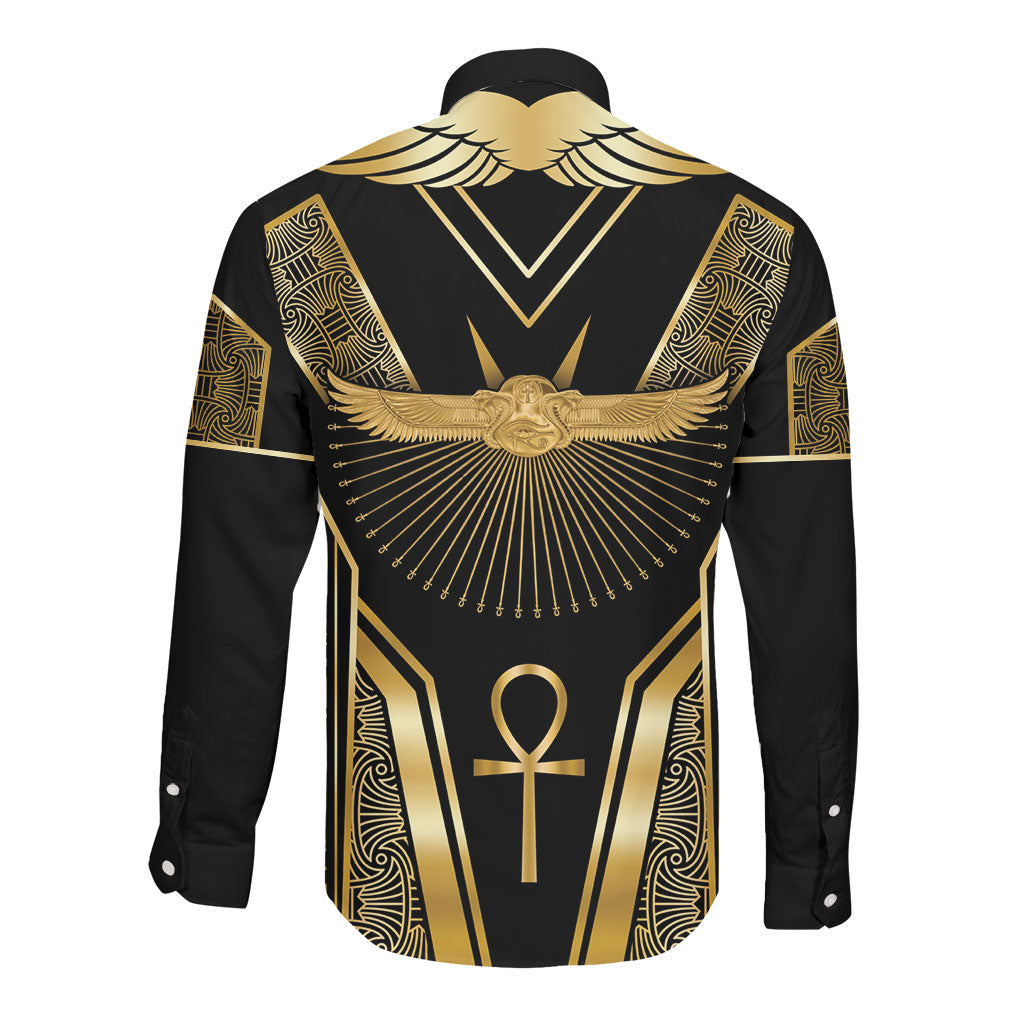 Egypt Winged Sun Long Sleeve Button Shirt Ancient Mythology Golden Ankh