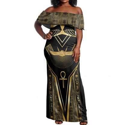 Egypt Winged Sun Off Shoulder Maxi Dress Ancient Mythology Golden Ankh