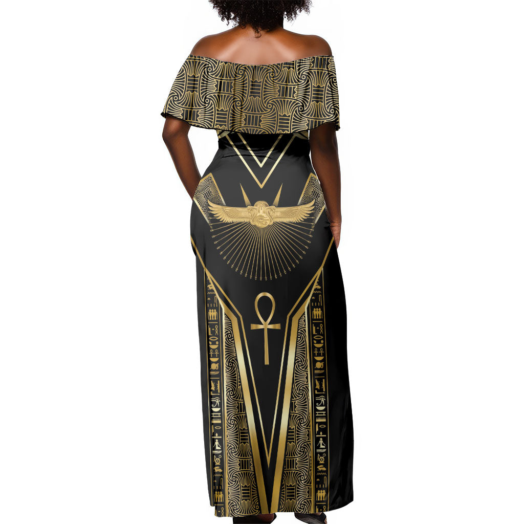 Egypt Winged Sun Off Shoulder Maxi Dress Ancient Mythology Golden Ankh