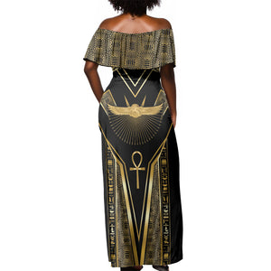 Egypt Winged Sun Off Shoulder Maxi Dress Ancient Mythology Golden Ankh