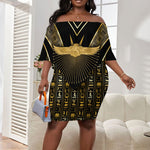 Egypt Winged Sun Off Shoulder Short Dress Ancient Mythology Golden Ankh