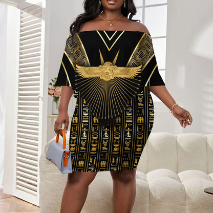 Egypt Winged Sun Off Shoulder Short Dress Ancient Mythology Golden Ankh