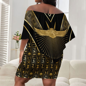 Egypt Winged Sun Off Shoulder Short Dress Ancient Mythology Golden Ankh