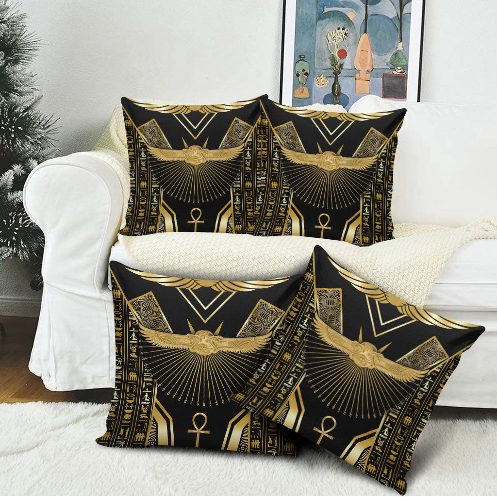 Egypt Winged Sun Pillow Cover Ancient Mythology Golden Ankh