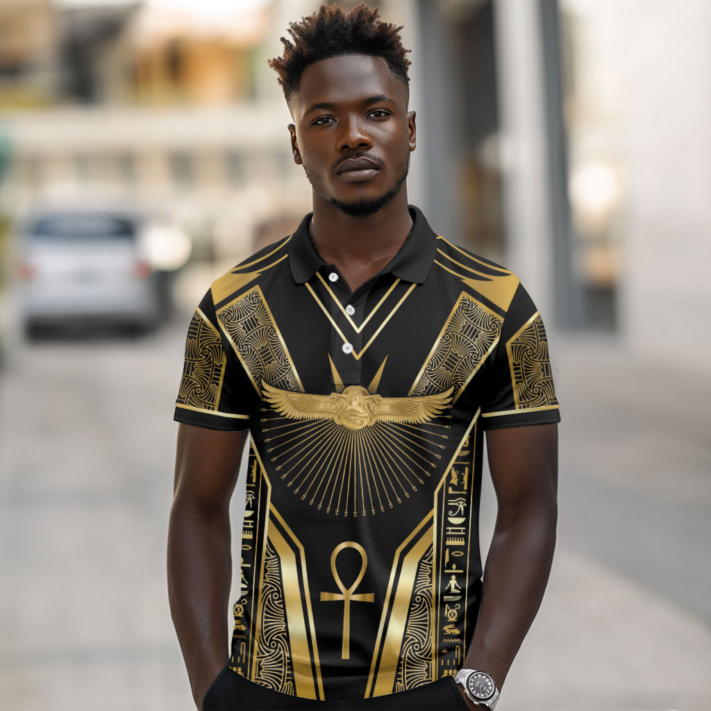 Egypt Winged Sun Polo Shirt Ancient Mythology Golden Ankh