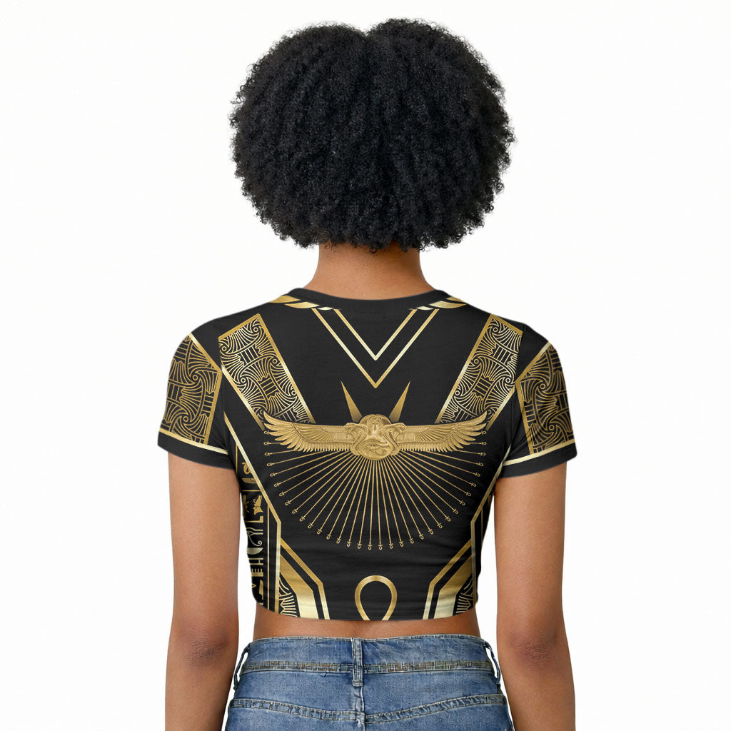 Egypt Winged Sun Raglan Cropped T shirt Ancient Mythology Golden Ankh