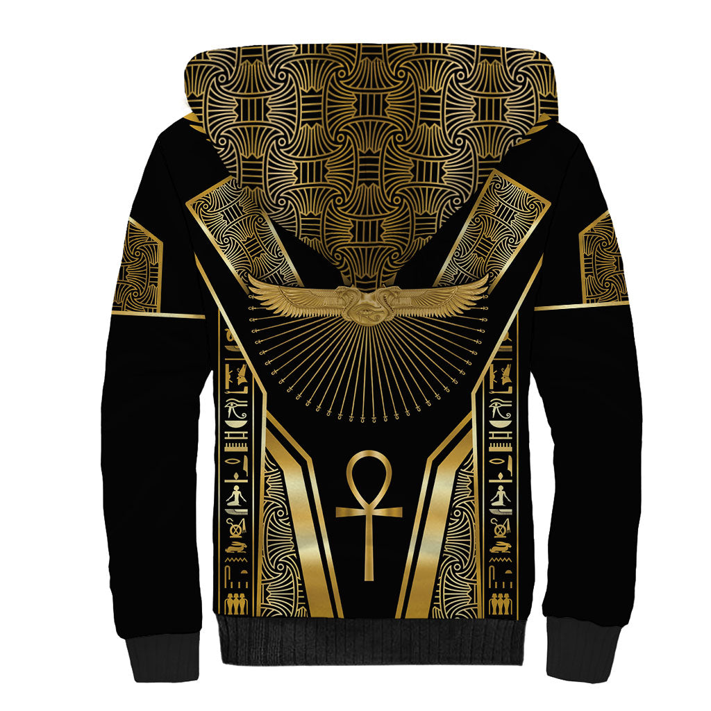 Egypt Winged Sun Sherpa Hoodie Ancient Mythology Golden Ankh
