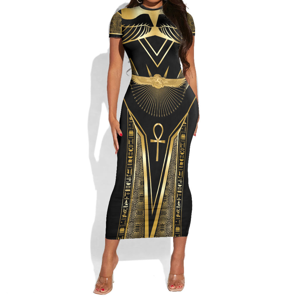 Egypt Winged Sun Short Sleeve Bodycon Dress Ancient Mythology Golden Ankh
