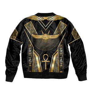 Egypt Winged Sun Sleeve Zip Bomber Jacket Ancient Mythology Golden Ankh