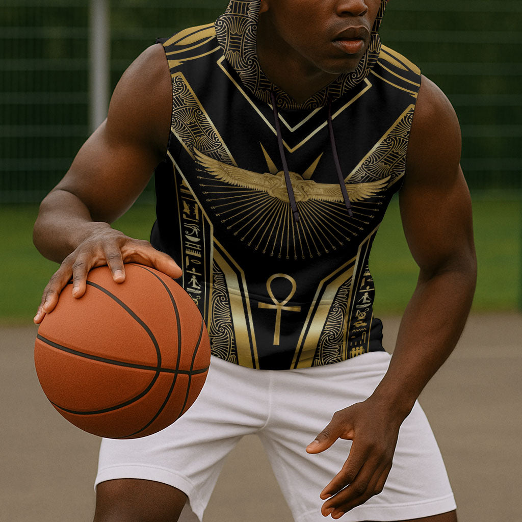 Egypt Winged Sun Sleeveless Hoodie Ancient Mythology Golden Ankh