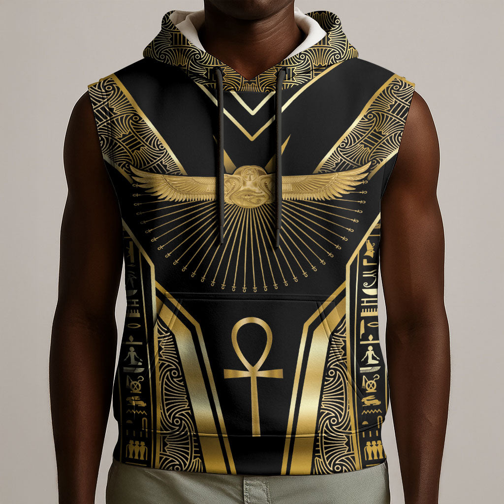 Egypt Winged Sun Sleeveless Hoodie Ancient Mythology Golden Ankh