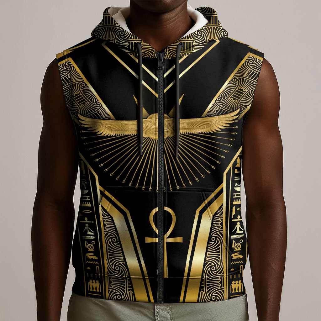 Egypt Winged Sun Sleeveless Zip Hoodie Ancient Mythology Golden Ankh