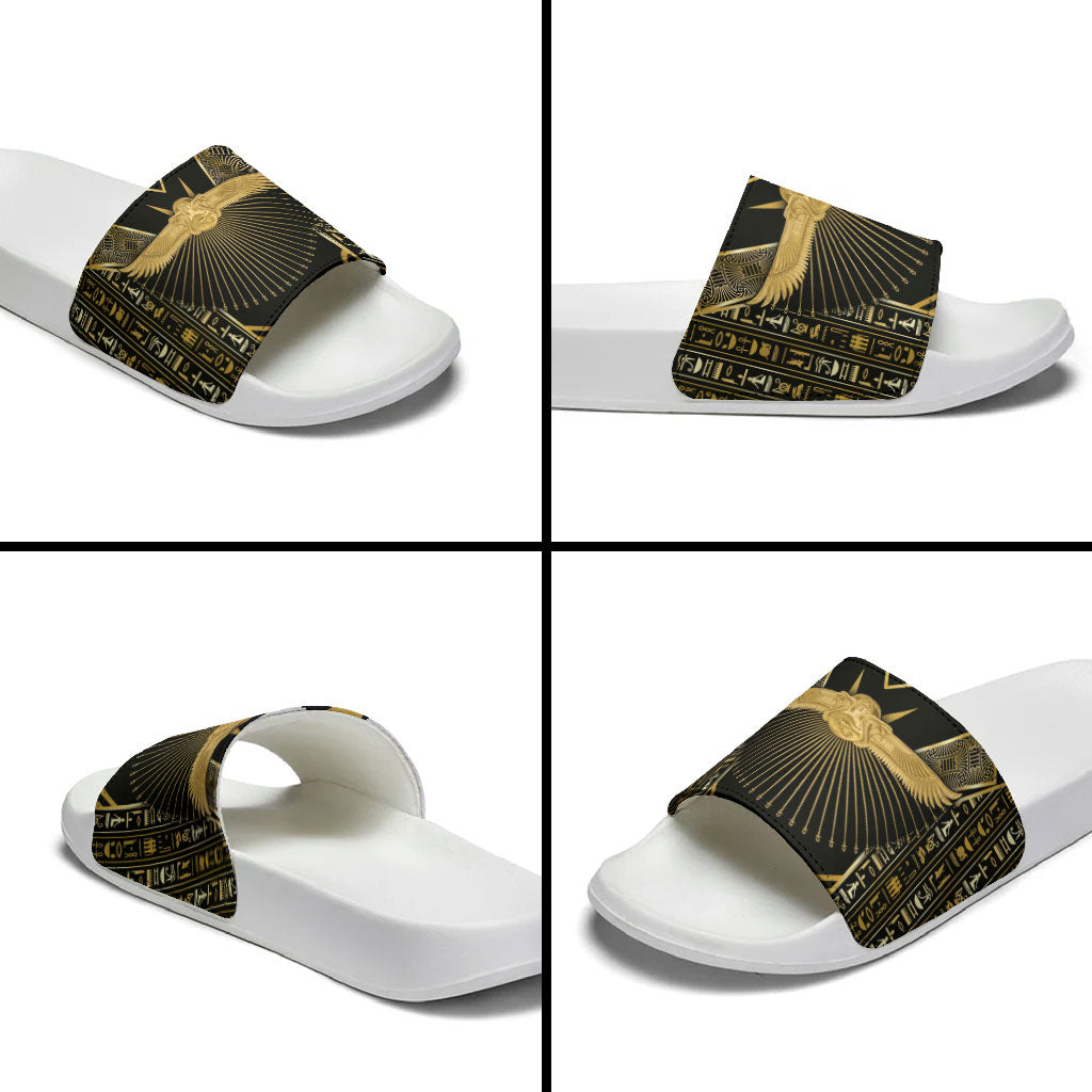 Egypt Winged Sun Slide Sandals Ancient Mythology Golden Ankh