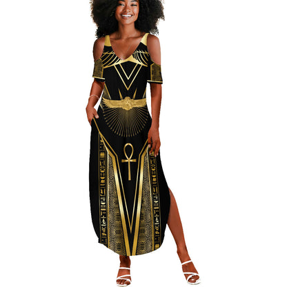 Egypt Winged Sun Summer Maxi Dress Ancient Mythology Golden Ankh
