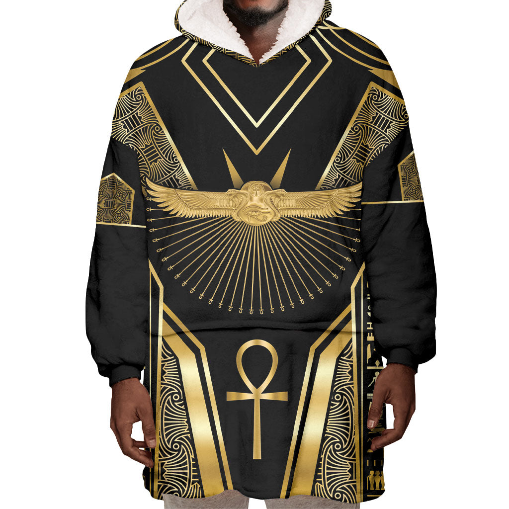 Egypt Winged Sun Wearable Blanket Hoodie Ancient Mythology Golden Ankh