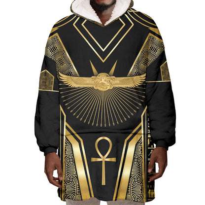 Egypt Winged Sun Wearable Blanket Hoodie Ancient Mythology Golden Ankh