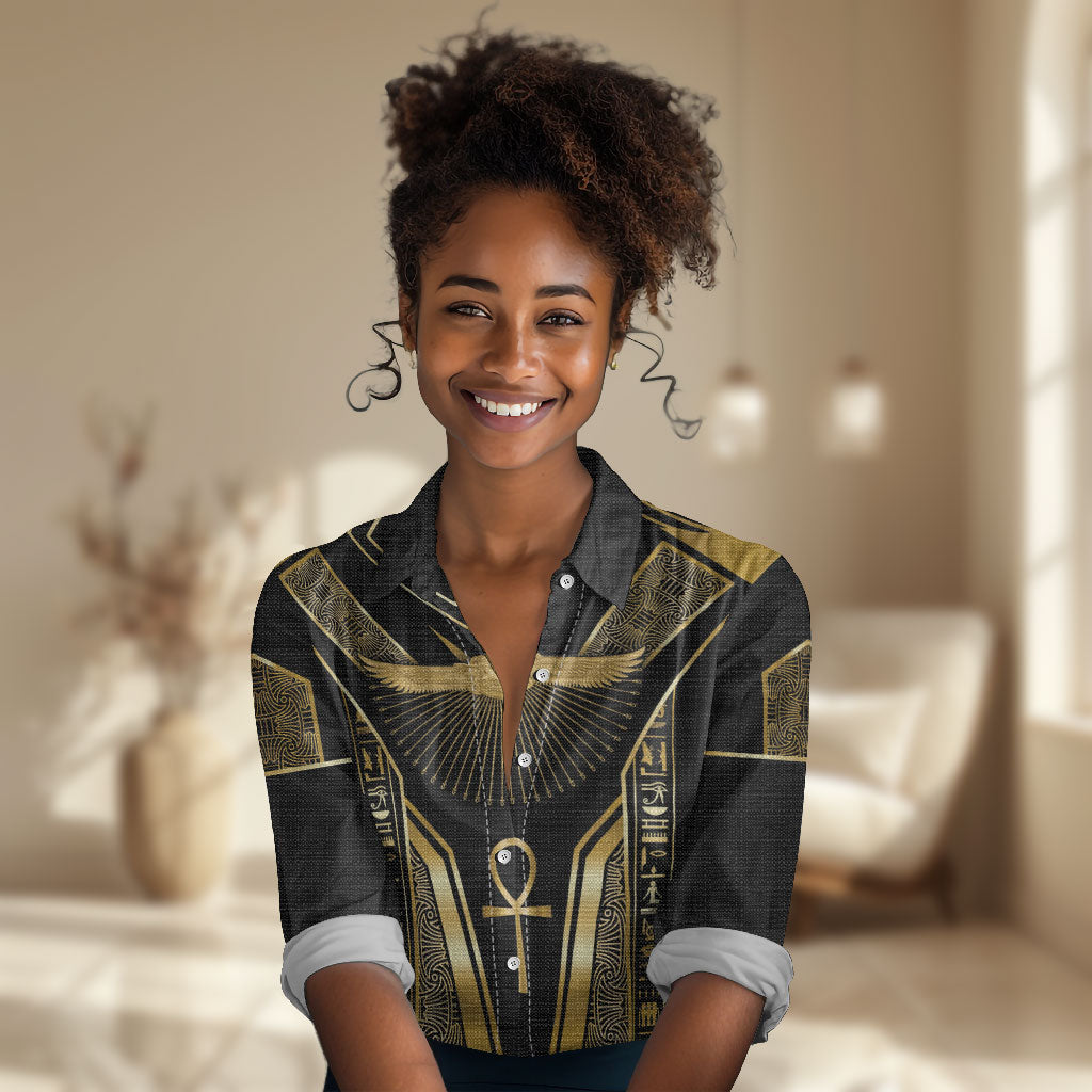 Egypt Winged Sun Women Casual Shirt Ancient Mythology Golden Ankh