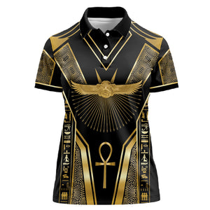 Egypt Winged Sun Women Polo Shirt Ancient Mythology Golden Ankh