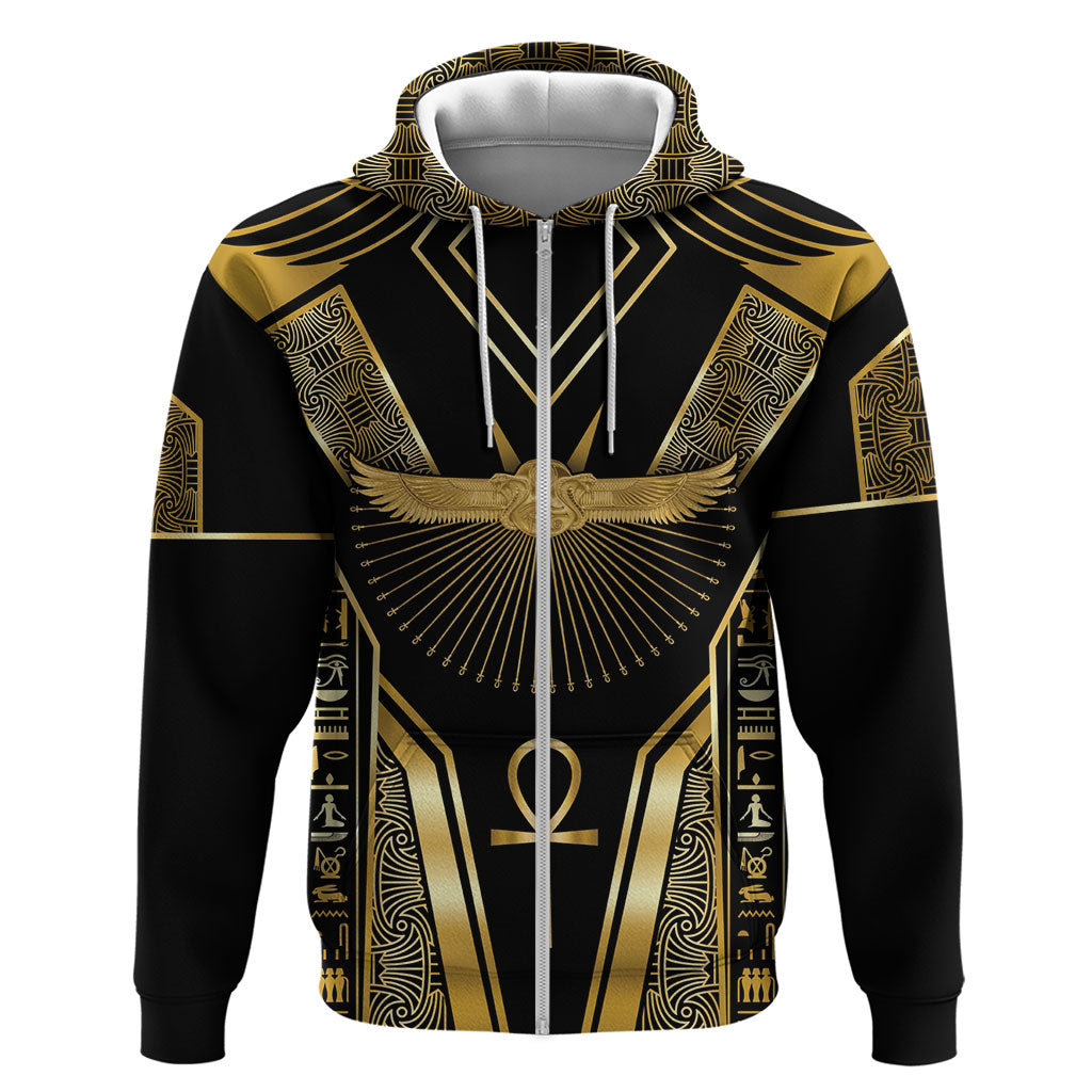 Egypt Winged Sun Zip Hoodie Ancient Mythology Golden Ankh