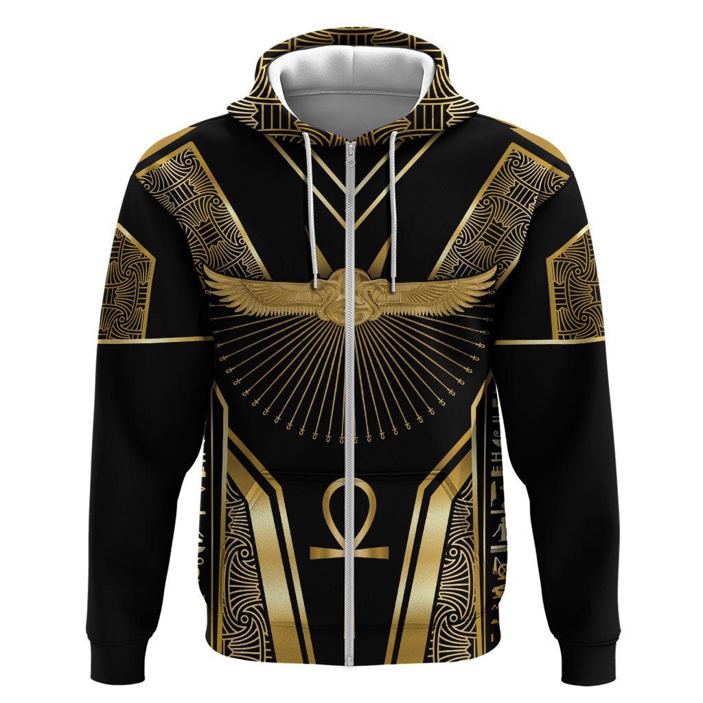 Egypt Winged Sun Zip Hoodie Ancient Mythology Golden Ankh