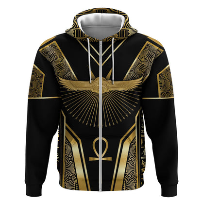 Egypt Winged Sun Zip Hoodie Ancient Mythology Golden Ankh