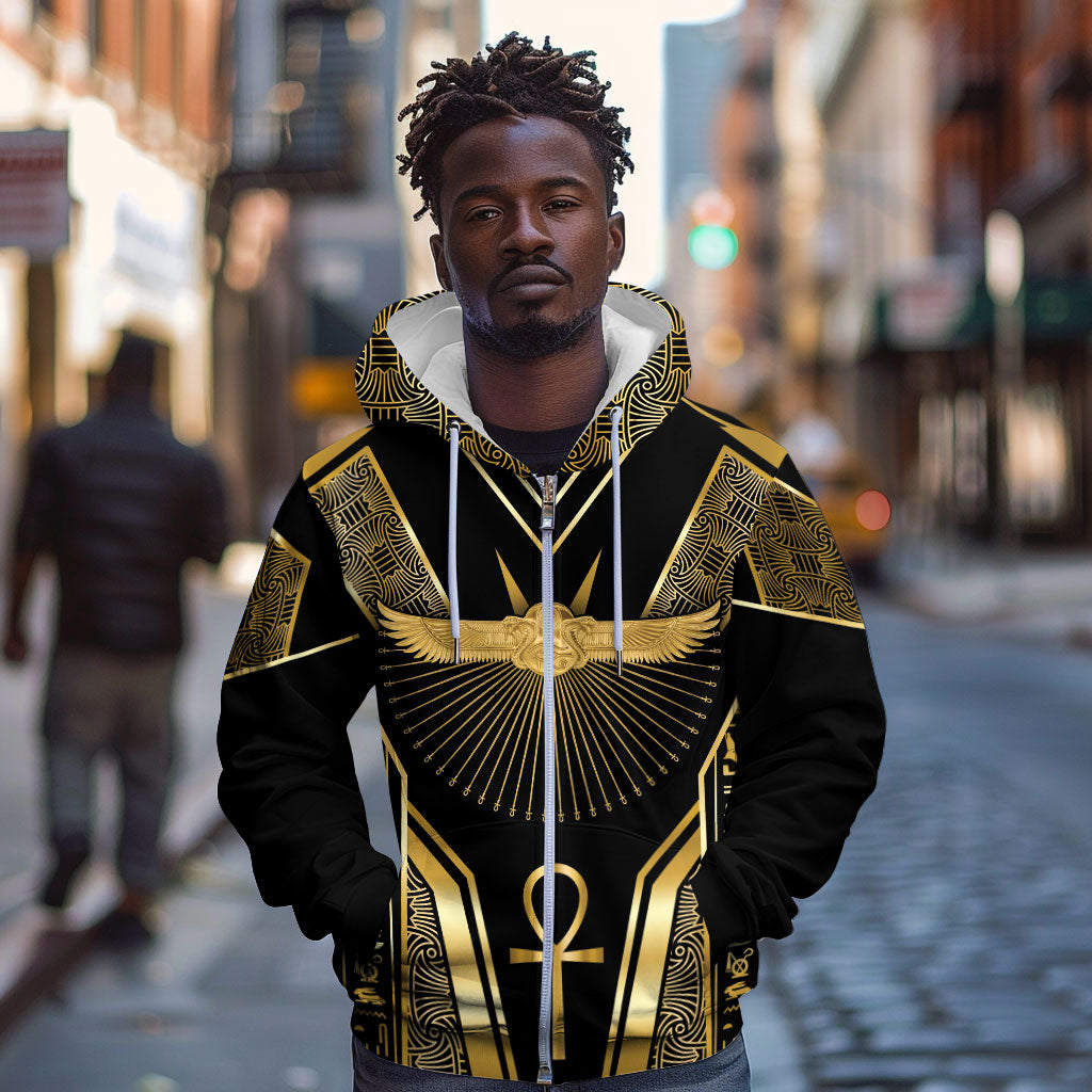 Egypt Winged Sun Zip Hoodie Ancient Mythology Golden Ankh