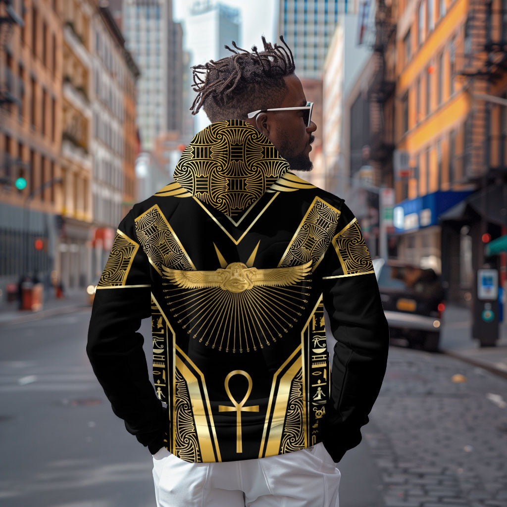 Egypt Winged Sun Zip Hoodie Ancient Mythology Golden Ankh