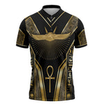 Egypt Winged Sun Zipper Polo Shirt Ancient Mythology Golden Ankh