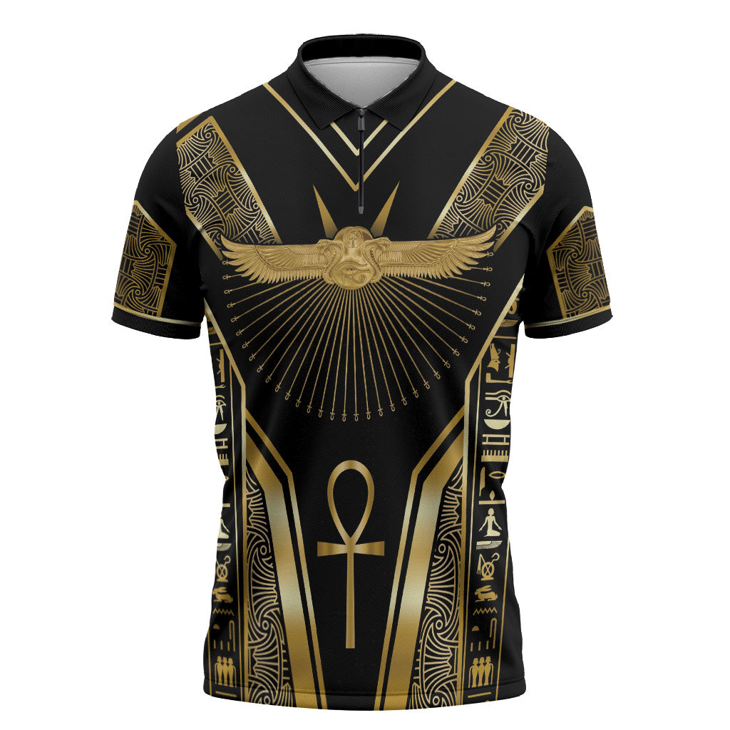 Egypt Winged Sun Zipper Polo Shirt Ancient Mythology Golden Ankh