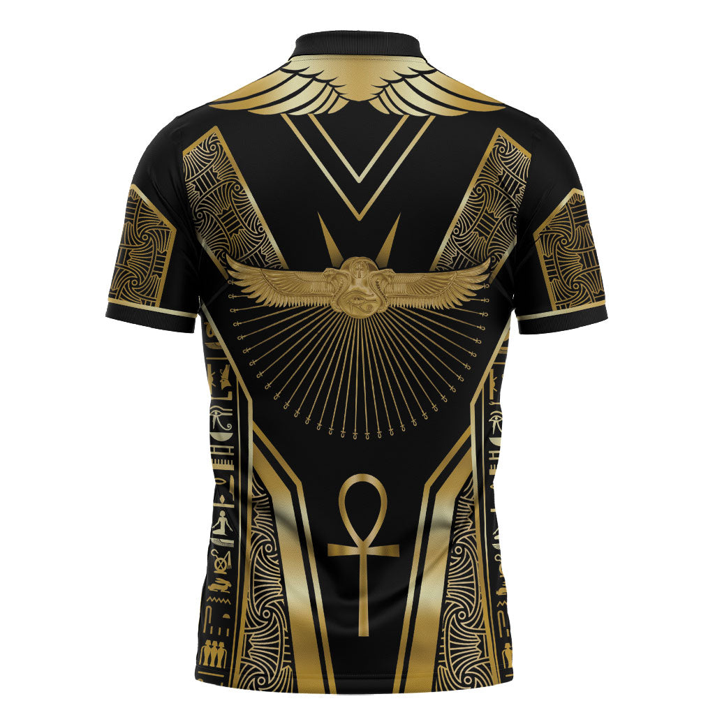 Egypt Winged Sun Zipper Polo Shirt Ancient Mythology Golden Ankh
